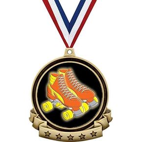 Roller Skating Medals - 2.5" Gold Roller Skates Medal Award Includes Red White and Blue Neck Ribbon, Great Skating Awards Prime
