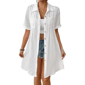 Bsubseach Swimsuit Cover Up for Women Short Sleeve Button Down Blouse Bathing Suit Cover Ups Cotton Beach Shirt Dress in Saudi Arabia
