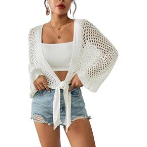 Women Crochet Swimsuit Cover Up Hollow Out Bathing Suit Coverup Open Front Batwing Summer Outfit Top