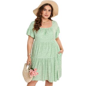 Plus Size Dress Women's Plus Size Floral V-Neck Dress Short Sleeve Knee Length A-line Mini Dresses