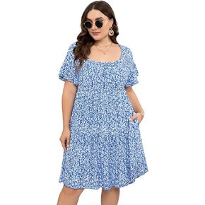 Plus Size Dress Women's Plus Size Floral V-Neck Dress Short Sleeve Knee Length A-line Mini Dresses