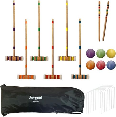 Juegoal Six Player Croquet مجموعة مع كرات مناشات خشبية ملونة للعشب والفناء الخلفي والحديقة ، 28 بوصة in Kuwait