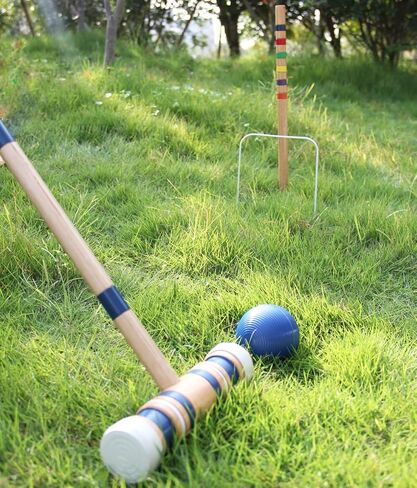 Juegoal Six Player Croquet مجموعة مع كرات مناشات خشبية ملونة للعشب والفناء الخلفي والحديقة ، 28 بوصة in Kuwait