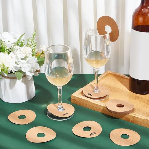 FINGERINSPIRE 150 Pcs Drink Name Tags for Wine Glasses Paper Wine Glass Marker Blank Wine Glass Charm 70mm Round Brown/White Cocktail Champagne Tag Identification Marker for Party Guest in Saudi Arabia