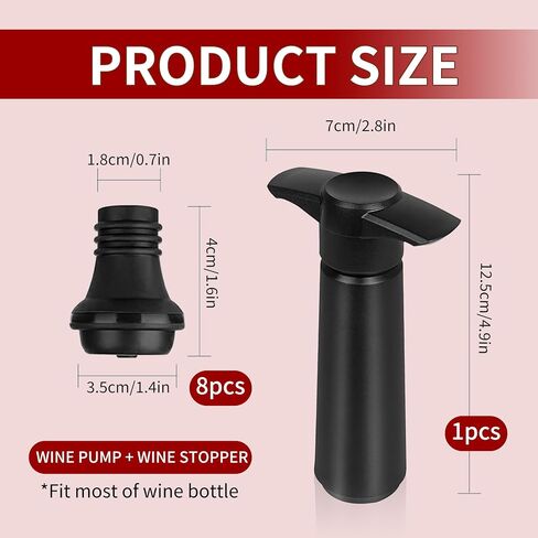 Wine Saver Vacuum Pump with 8 Vacuum Wine Stoppers, Silicone Wine Bottle Stoppers, Reusable Bottle Sealer Keeps Wine Fresh, Leak Proof Keep Fresh Suitable for All Standard Wine Bottles in Saudi Arabia