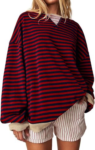 Fisoew Women's Oversized Striped Sweatshirt Color Block Crew Neck Long Sleeve Shirt Loose Casual Pullover Tops Y2K Clothes in Saudi Arabia