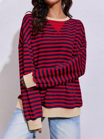 Fisoew Women's Oversized Striped Sweatshirt Color Block Crew Neck Long Sleeve Shirt Loose Casual Pullover Tops Y2K Clothes in Saudi Arabia