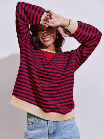 Fisoew Women's Oversized Striped Sweatshirt Color Block Crew Neck Long Sleeve Shirt Loose Casual Pullover Tops Y2K Clothes in Saudi Arabia