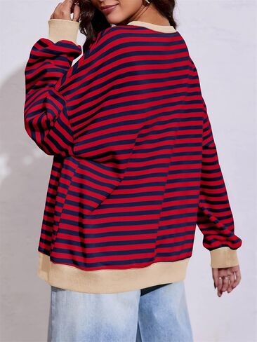 Fisoew Women's Oversized Striped Sweatshirt Color Block Crew Neck Long Sleeve Shirt Loose Casual Pullover Tops Y2K Clothes in Saudi Arabia
