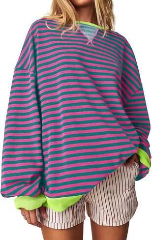 Fisoew Women's Oversized Striped Sweatshirt Color Block Crew Neck Long Sleeve Shirt Loose Casual Pullover Tops Y2K Clothes in Saudi Arabia