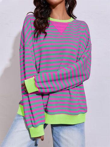 Fisoew Women's Oversized Striped Sweatshirt Color Block Crew Neck Long Sleeve Shirt Loose Casual Pullover Tops Y2K Clothes in Saudi Arabia