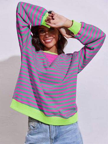Fisoew Women's Oversized Striped Sweatshirt Color Block Crew Neck Long Sleeve Shirt Loose Casual Pullover Tops Y2K Clothes in Saudi Arabia