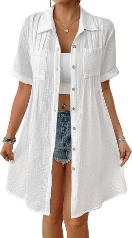 Bsubseach Swimsuit Cover Up for Women Short Sleeve Button Down Blouse Bathing Suit Cover Ups Cotton Beach Shirt Dress in Kuwait