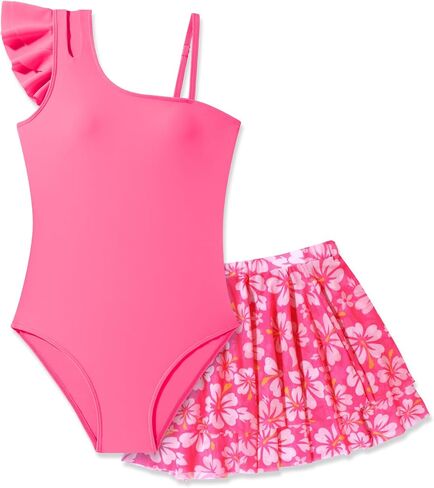 Girls Swimsuit One Piece Girls' Swimwear Top with Tropical Print Cover Up Skirt Girls Bathing Suit 7-16 Years in Saudi Arabia