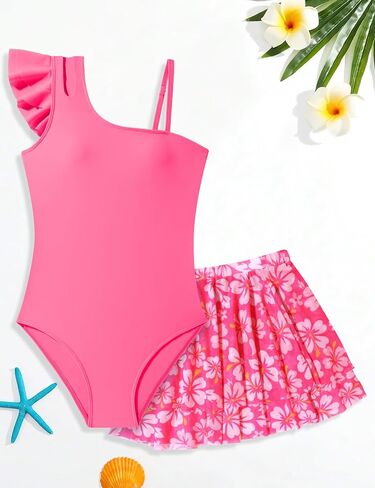 Girls Swimsuit One Piece Girls' Swimwear Top with Tropical Print Cover Up Skirt Girls Bathing Suit 7-16 Years in Saudi Arabia