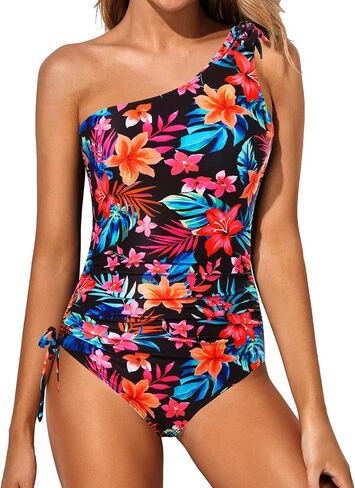 One Shoulder One Piece Swimsuits - Women Tummy Control Bathing Suits Ruched Full Coverage Side Tie Swimwear in Kuwait