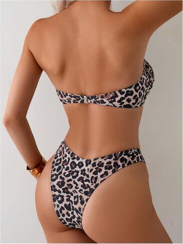 GORGLITTER Women's Leopard Cheetah Swimsuit Strapless Bandeau High Cut Thong Bikini Set Bathing Suit in Saudi Arabia