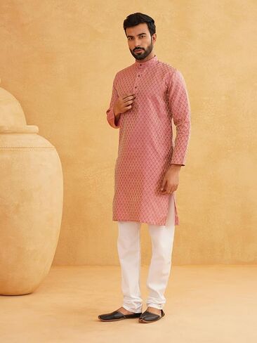 Sojanya (Since 1958, Men's Jacq Silk Self design Kurta & Off-White Churidar Pyjama Set in Kuwait