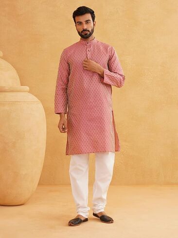 Sojanya (Since 1958, Men's Jacq Silk Self design Kurta & Off-White Churidar Pyjama Set in Kuwait