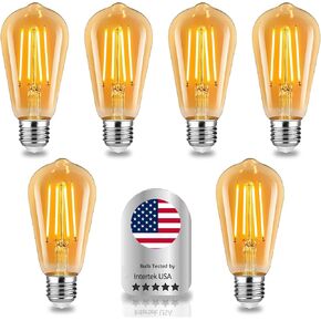 6 Pack Vintage LED Edison Bulbs 6W, Equivalen 60W Warm White 2700K ST64/ST21 Dimmable Antique LED Filament Bulbs with 90+ CRI, 600LM, E26 Base, Amber Glass