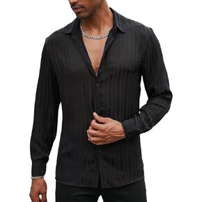 Mens Mesh Shirt Long Sleeve Sheer Mesh Tops See Through Tee Mens Semi-Sheer Satin Striped Casual Button-Down Shirts