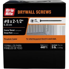 Grip-Rite 212CDWS5 #8 X 2-1/2" Phillips Bugle Head Coarse Thread Sharp Point Drywall Screw, 5lb Box