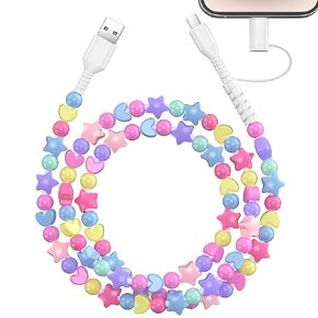 VOFUOE USB C Cable for iPhone Charging Cord 2 in 1 Multi Charging Cable USB A to USB C to Phone Fast Charging Cable Star Beads 3.3FT Girls Women for iPhone 16 Pro Max for iPad 10th Gen-Colorful