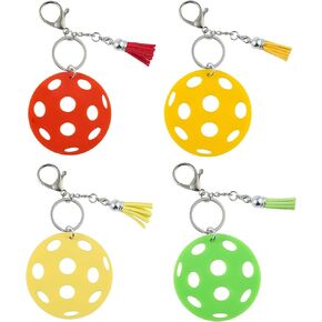 Pickleball Acrylic Keychain with Tassel, 2.75 inches, 4 Colors: Orange, Green, Orange Red, Yellow, Easy to Hang, Gift Choice