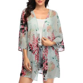 KirGiabo Women's Floral Print Kimonos Loose Tops Half Sleeve Shawl Chiffon Cardigan Casual Beach Cover Ups