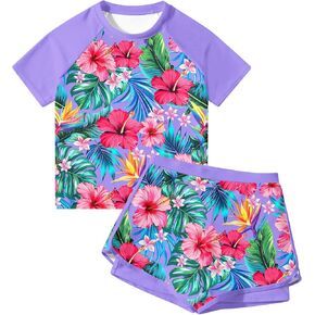 Girls Rash Guard Swimsuit 2 Piece Swimsuit for Girls Bathing Suits Size 7-11 UPF 50+ Quick Dry Swimwear