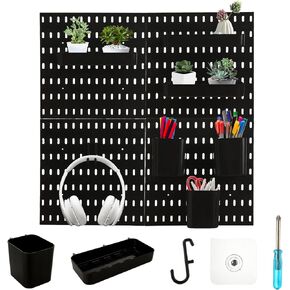 SENENQU Pegboard Combination Kit for Wall Organizer, Wall Mounted Peg Board Kits for Kitchen, Bedroom, Office & Bathroom, 4 Pieces Black Pegboards and 52 Accessories
