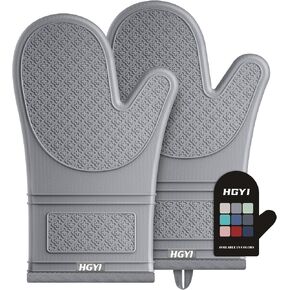 Silicone Oven Mitts, Heat Resistant Oven Gloves with Quilted Liner, Waterproof & Non-Slip Kitchen Mittens for Baking Cooking BBQ, 500°F, 12.5"-Light Gray