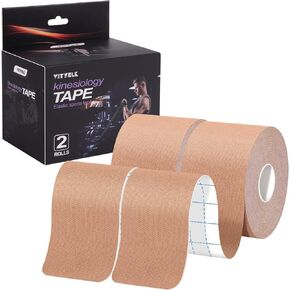 Kinesiology Tape (2 Rolls)，Elastic Premium Uncut Athletic Tape， Hypoallergenic Cotton Waterproof K Tape for Muscle Pain Relief and Joint Support 2inch x 16ft /Roll(Beige)