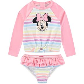 Disney Minnie Mouse Girls UPF 50+ Long Sleeve Rash Guard & Bikini Bottom Two Piece Swimsuit Set for Toddlers to Little Kids