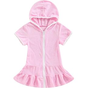 Girls Terry Cloth Swim Cover Up Zip Up Hooded Bathing Suit Coverup Wraps Rufled Kids Pool Beach Robe Cover-Up Dress
