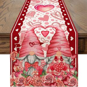 Valentines Day Table Runner, Valentine Table Runner, Gnomes with Pink Red Love Heart and Roses Valentine's Day Runners for Table 72 Inch Small Table Runner Rug for Home Dining Room Decorations