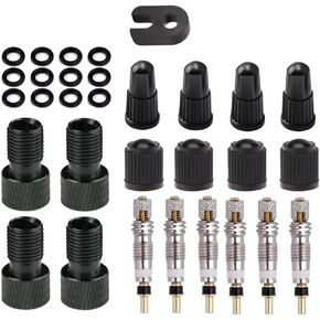 18Pcs Bike Valve Core Tool Set (4Pcs Presta Valve Adapter + 6Pcs Presta Tubeless Valve Cores + 8Pcs Valve Stem Caps) Presta to Schrader Valve Adaptor with Core Removal Tool and Sealing Sings