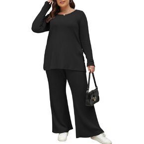 Nemidor Womens Plus Size 2 Piece Fall Outfits Ribbed Knit Top Flare Leg Pants Tracksuits Pajama Sets NEM539