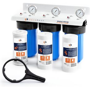 Aquaboon 3 Stage Whole Home Water Filtration System for Sediment & Odors Reduction with 10x4.5 House Water Filters, Wrench, Bracket, Gauge & Release