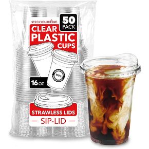 16 oz Clear Plastic Cups with Lids Disposable, Togo Drinking Cup with Strawless Sip Lid for Smoothie, Cold Brew Iced Coffee, Lemonade, Ice Latte, Boba, Party Drinks, Bulk, 16 Ounce (Set of 50)
