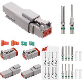 2 Set Gray DT Connector 2 Pin Waterproof Electrical Wire Connector with Sealing Plugs and 14-20 AWG Green Striped Barrel Solid Contacts O-090