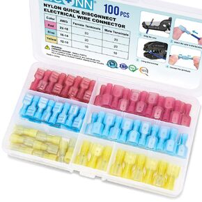 Electrically Insulated Terminals, 100 Piece Fully Insulated Nylon Spade Quick Disconnect Connector Kit, Male and Female Insulated Wire Shovel Terminal Crimp Connector Kit for Automotive and Marine