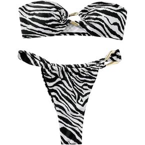 GORGLITTER Women's Strapless Bikini Set Zebra Print High Cut Thong Swimsuit Bathing Suits