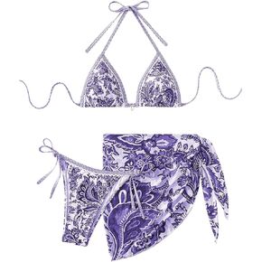 SHENHE Women's 3 Piece Bathing Suit Floral Halter Tie Back Thong Bikini Set with Sarong Cover Ups