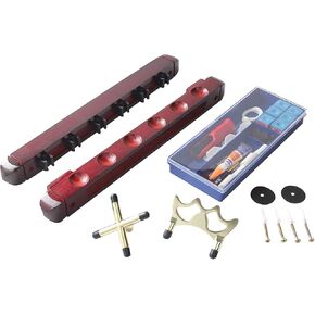 BETTERLINE Billiard Wooden Cue Rack for 6 Pool Sticks, Cue Bridge Spider Head, Cue Cross X Rest, Cue Accessories, 5 Cue Chalk Cubes and 2 Pool Table Spot Stickers