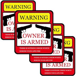 Gun Signs Stickers The Owner Is Armed 4x3.5 Inch Warning Decal for Window/Glass Door Reflective/Self Adhesive/UV Protected & Water & Fade Resistance - 4PACK ﻿