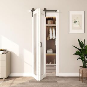 JUBEST Bifold Barn Doors Frosted Glass Barn Door, Bi fold Sliding Barn Door with Hardware Include, Frosted Glass Door Panel, Barn Door Hardware kit, 30" x 84" Bi Fold Door with Track Kit (30" x 84")