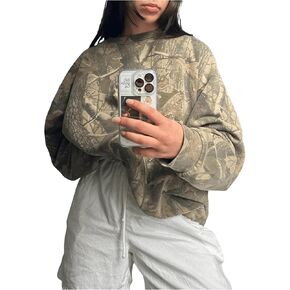 Women's Camo Print Sweatshirt Long Sleeve Oversized Camouflage Shirt Crewneck Drop Shoulder T Shirt Pullover Tops