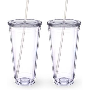 Zukro Clear Acrylic Tumbler with Straw and Lid 32 oz, Double Walled Insulated Reusable Plastic Iced Coffee Cup, To Go Cup Perfect for Parties, Birthdays, Fit in Cup Holder, BPA Free, Clear, 2 Pack