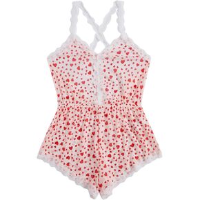 Verdusa Women's Lace Trim Floral Mesh Sleep Romper Pajama Onesie Chemise Nightgown